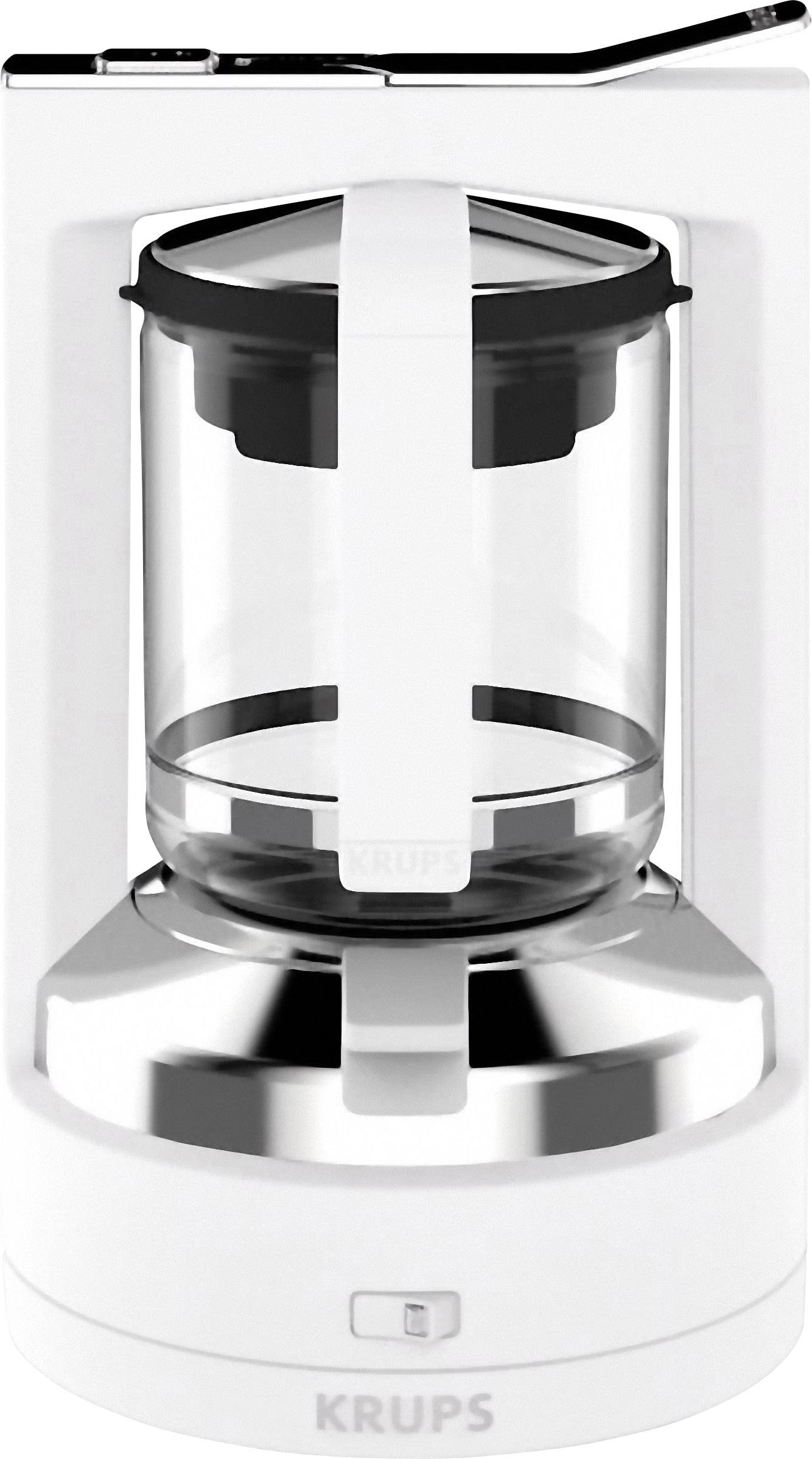 Macchina da caffè bianca con caraffa di vetro su un sottobicchiere di metallo. Sulla caraffa è presente un manico bianco.