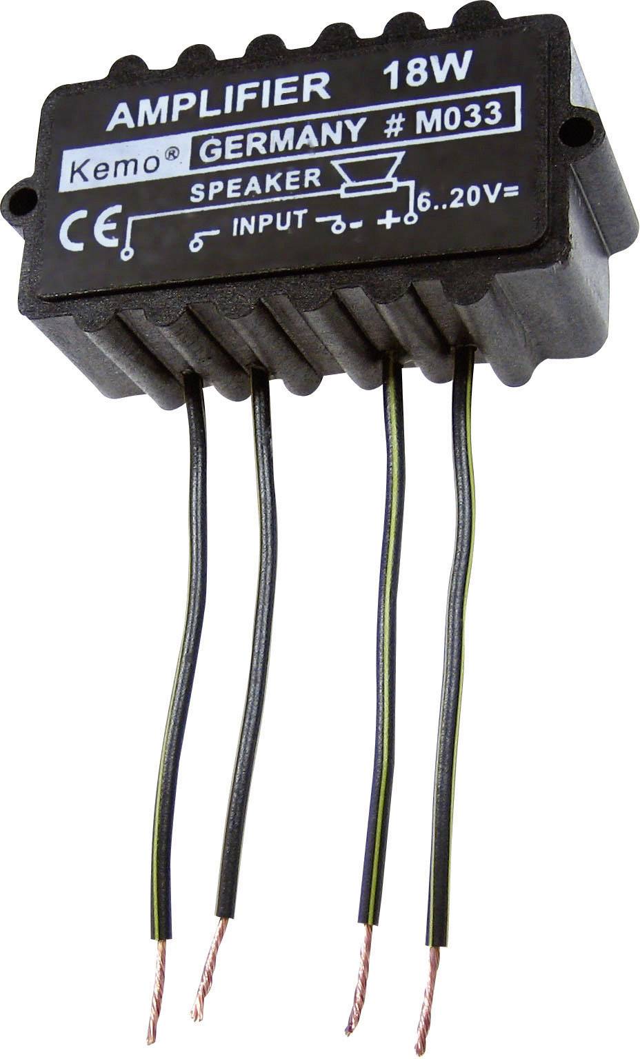 Un blocco amplificatore nero e rettangolare con la scritta 'AMPLIFIER 18W Kemo Germany M033' e tre cavi sporgenti.