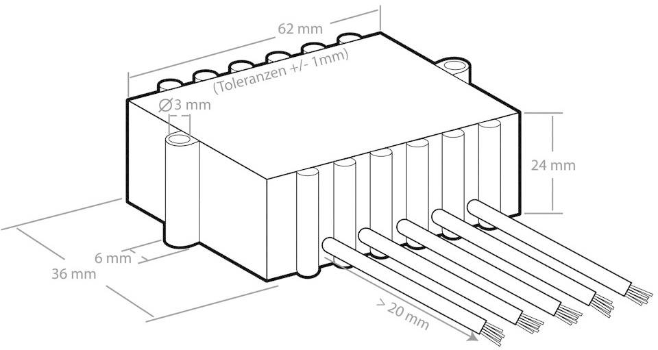 Disegno tecnico di un componente elettronico rettangolare con attacchi per cavi, dimensioni indicate: 62x24x36 mm.