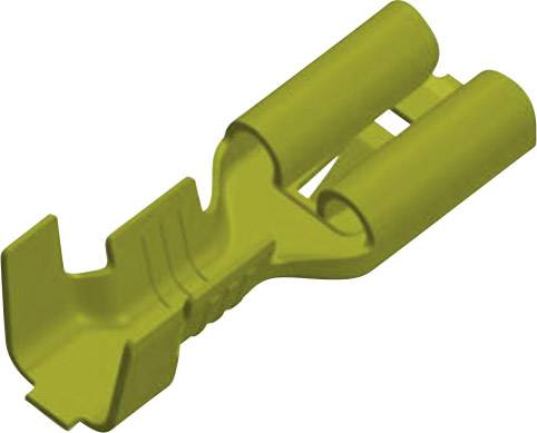 Parte in plastica gialla con una forma curva, composta da due tubi cilindrici paralleli che terminano su un pezzo piatto.