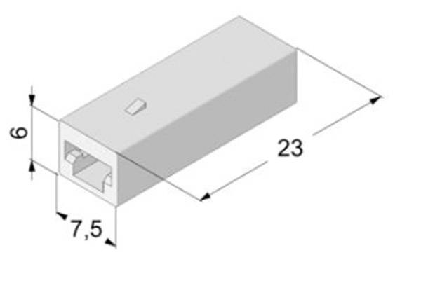 Diagramma 3D di un connettore con dimensioni: lunghezza 23 mm, larghezza 7,5 mm e altezza 6 mm.