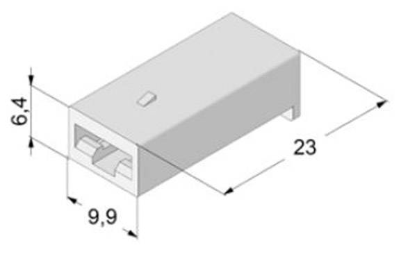 Disegno tecnico di un connettore rettangolare. Dimensioni: 23 mm di lunghezza, 9,9 mm di larghezza, 6,4 mm di altezza. Vista dall'alto e vista laterale.