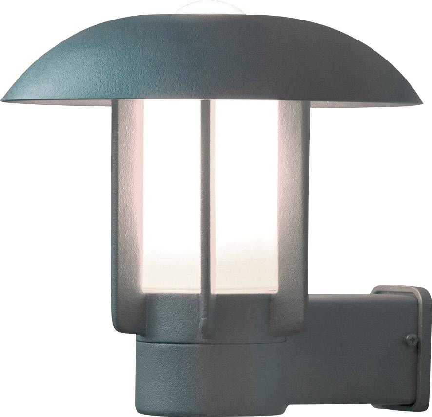 Applique da esterno dal design moderno, colore scuro, interno luminoso, montata su supporto a parete.