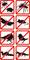 Dieci pittogrammi con un cerchio rosso barrato mostrano animali indesiderati: formica, mosca, zanzara, tarma, topo, ratto, uccello, donnola, volpe.