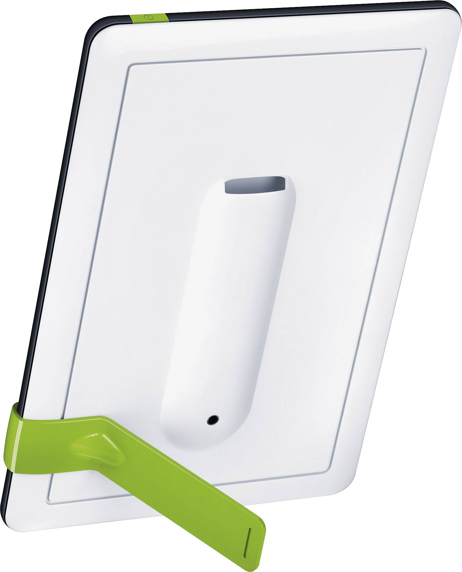 Una cornice digitale bianca con un piedistallo verde. Vista posteriore con apertura per la luce e il telaio visibile.