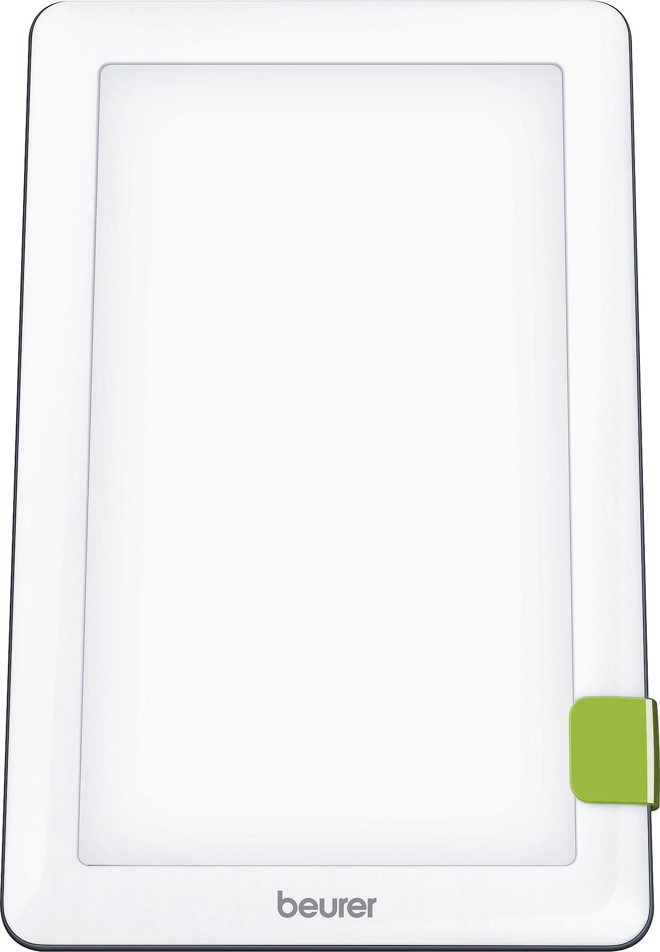 Dispositivo rettangolare bianco con dettaglio verde in basso a destra, contrassegnato con 'beurer'. Probabilmente un dispositivo per la light therapy.