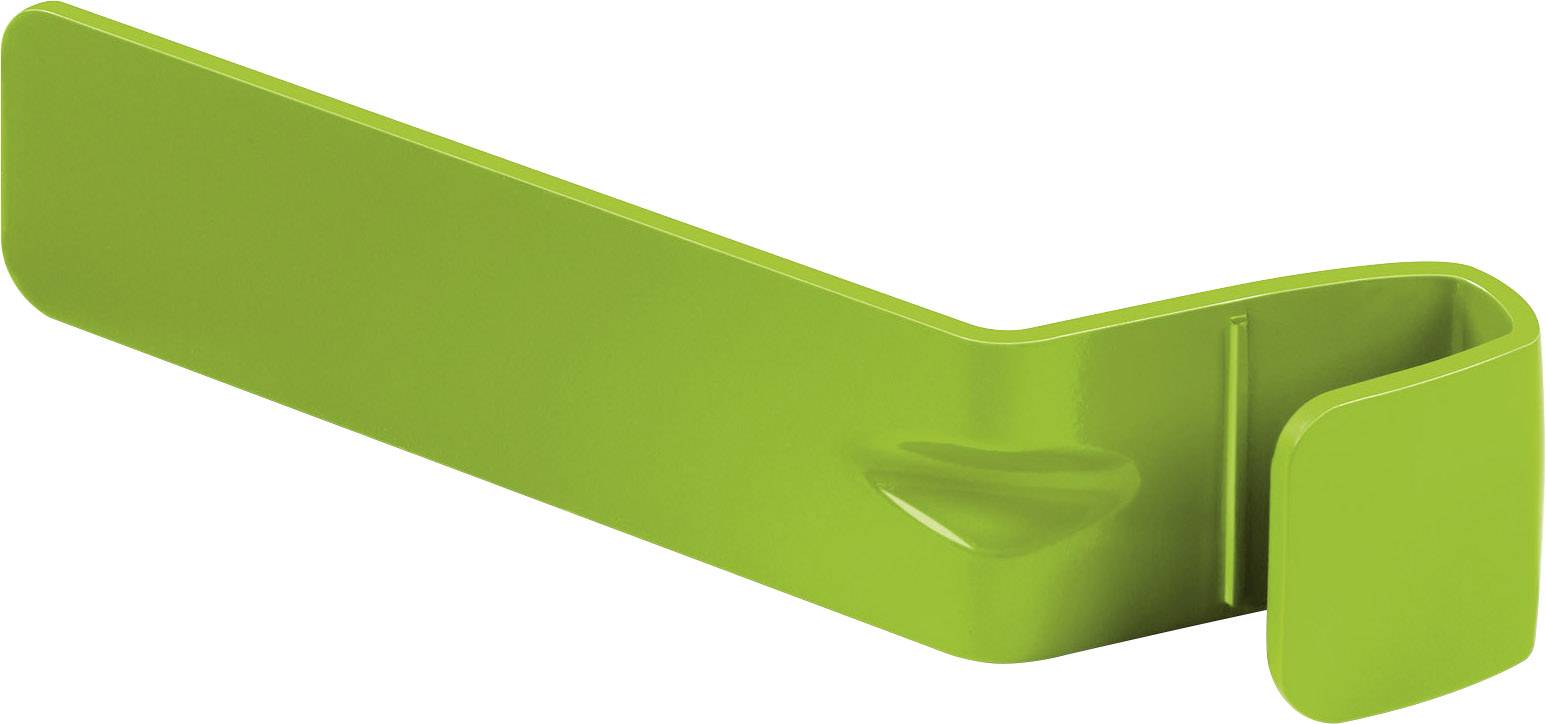 Gancio in plastica verde con bordi arrotondati, idoneo per l'aggancio a spigoli di tavoli o scaffali per un fissaggio stabile.