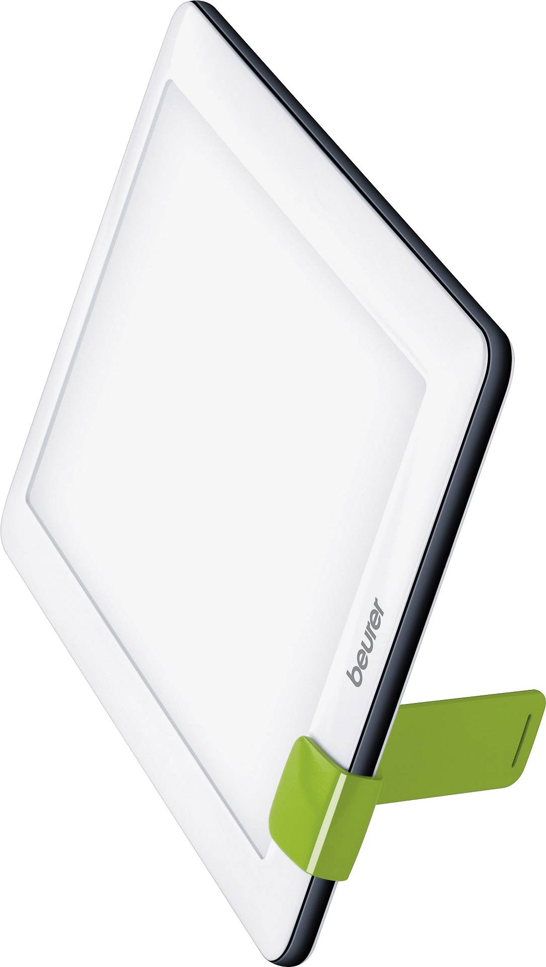 Un dispositivo di light therapy bianco con un supporto verde di Beurer, per migliorare il benessere e l'energia.