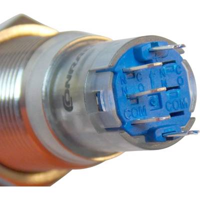 Primo piano di una spina elettrica blu con più pin di connessione, racchiusa in un involucro metallico.