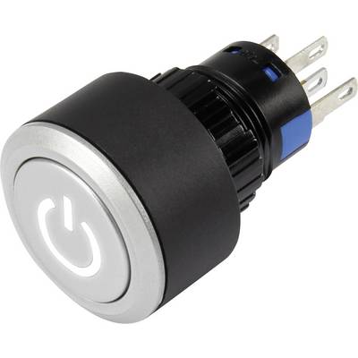 Interruttore rotondo nero e argento con quattro contatti metallici, utilizzabile per accendere o spegnere.