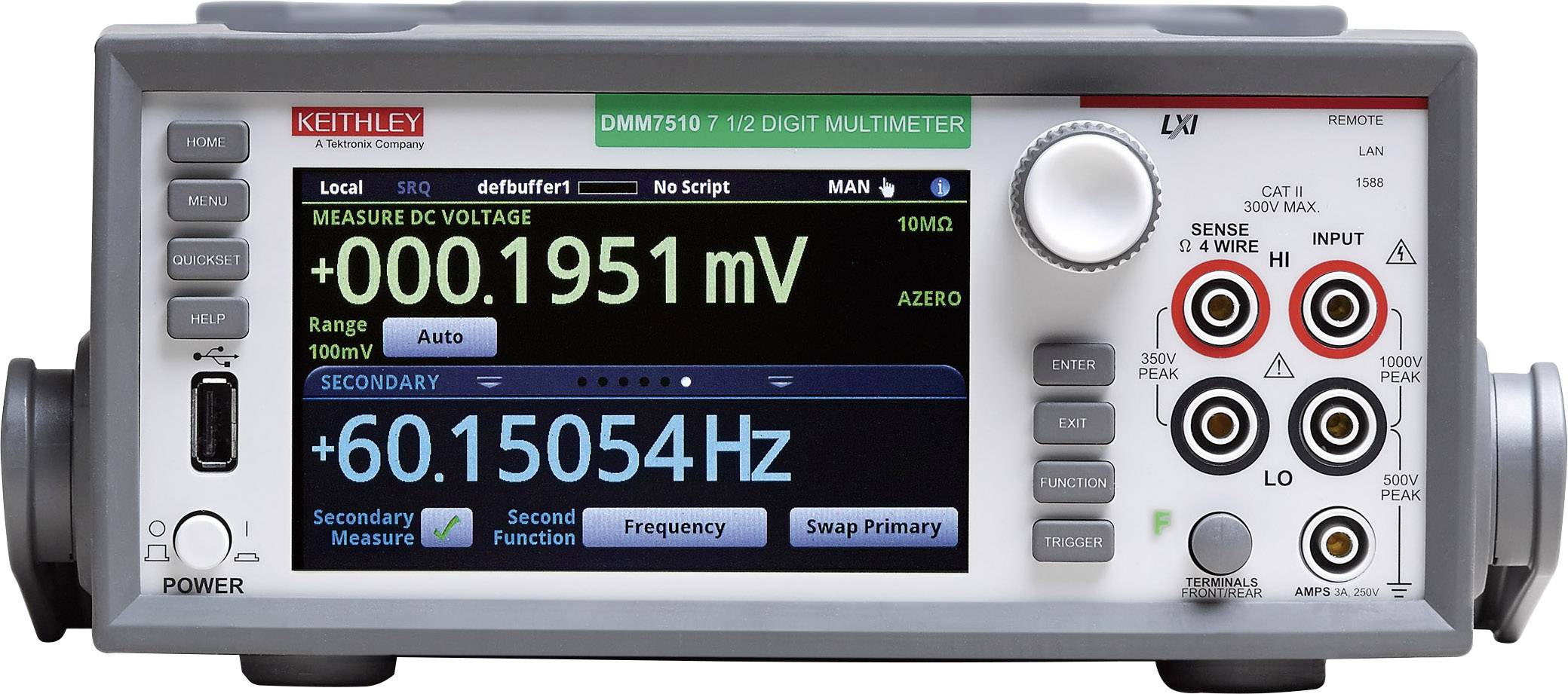 Multimetro digitale con display LED che mostra i valori di misurazione: 0,1951 mV e 60,15054 Hz. Visibili vari pulsanti e connettori per l'utilizzo.