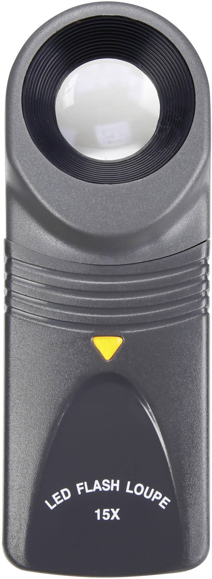 Una lente d'ingrandimento nera, maneggevole, con illuminazione a LED, contrassegnata con 'LED FLASH LOUPE 15X'. Ideale per ingrandire oggetti.