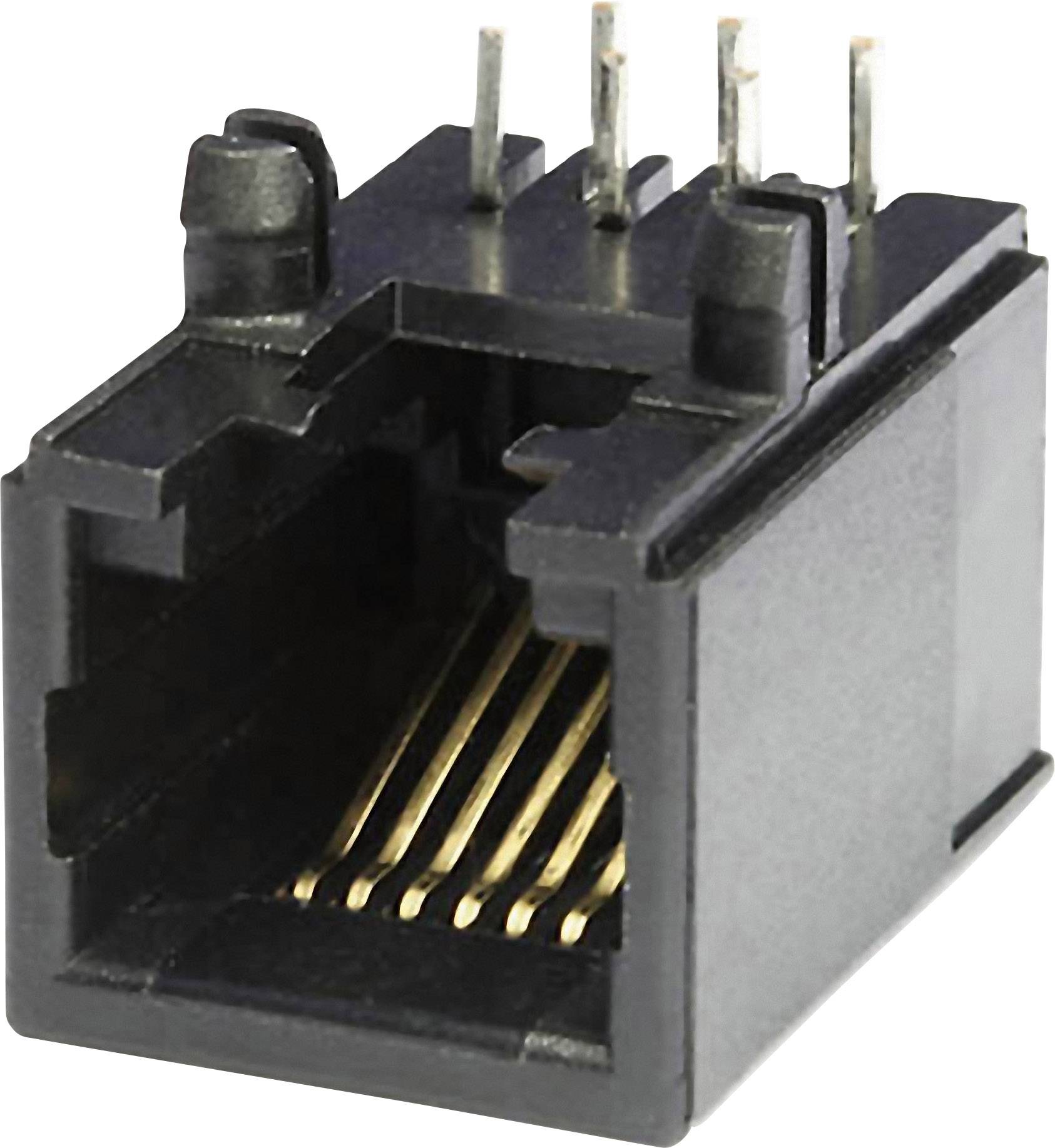 Un connettore RJ45 nero con contatti dorati e pin metallici visibili sulla parte superiore.