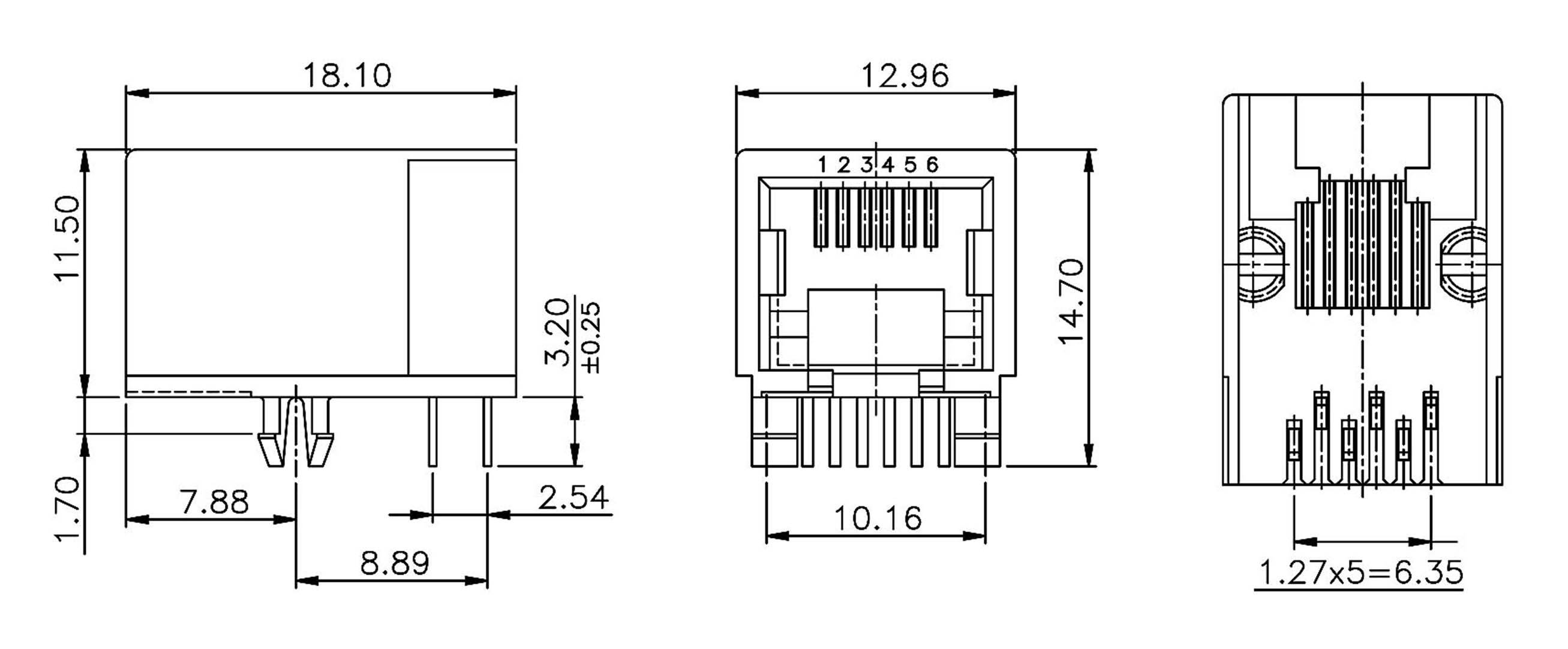 Diagramma di un componente elettronico rettangolare con disposizione dei pin. Mostra vista frontale e laterale, dimensioni in millimetri.