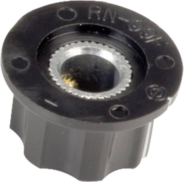 Bottone nero in plastica con bordo dentellato e centro argentato, contrassegnato con 'RN-92X'. Utilizzabile come pezzo di ricambio o coperchio.