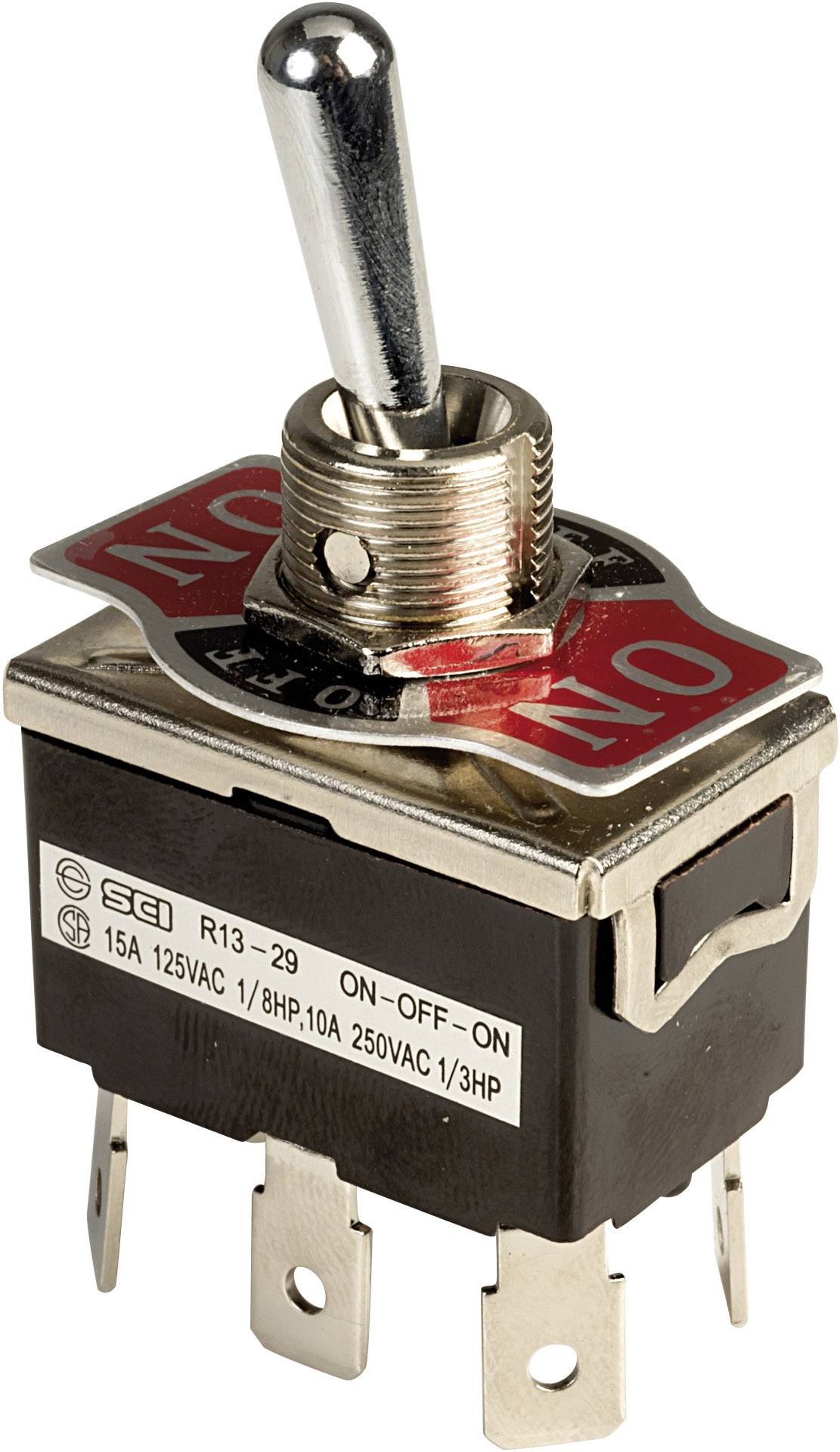 Interruttore a levetta con impugnatura in metallo in una posizione; etichetta mostra 'ON' e 'OFF'; adatto per applicazioni elettriche fino a 15 Ampere.