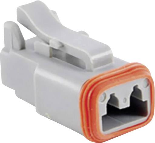Connettore elettrico grigio con guarnizione arancione, adatto per connessioni robuste in veicoli o macchine industriali.