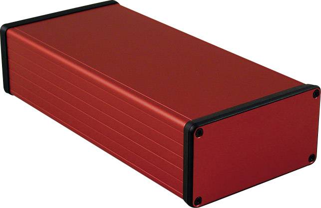 Contenitore rosso, rettangolare in metallo con coperture terminali nere, utilizzato per dispositivi elettronici.