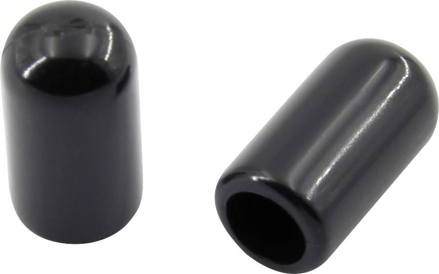 Due tappi terminali neri in plastica, uno in posizione verticale, l'altro in posizione orizzontale. Sono utilizzati per proteggere estremità aperte di tubi o barre.