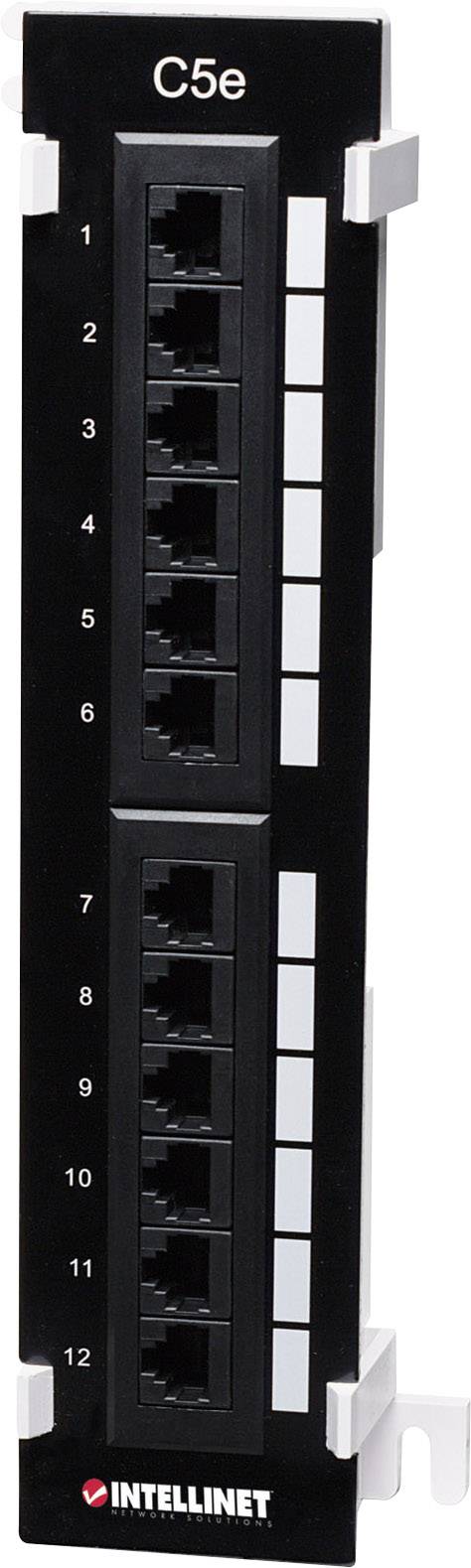 'Patch panel con 12 porte RJ-45, etichettate con numeri da 1 a 12, classificate categoria 5e. Marca: INTELLINET.'