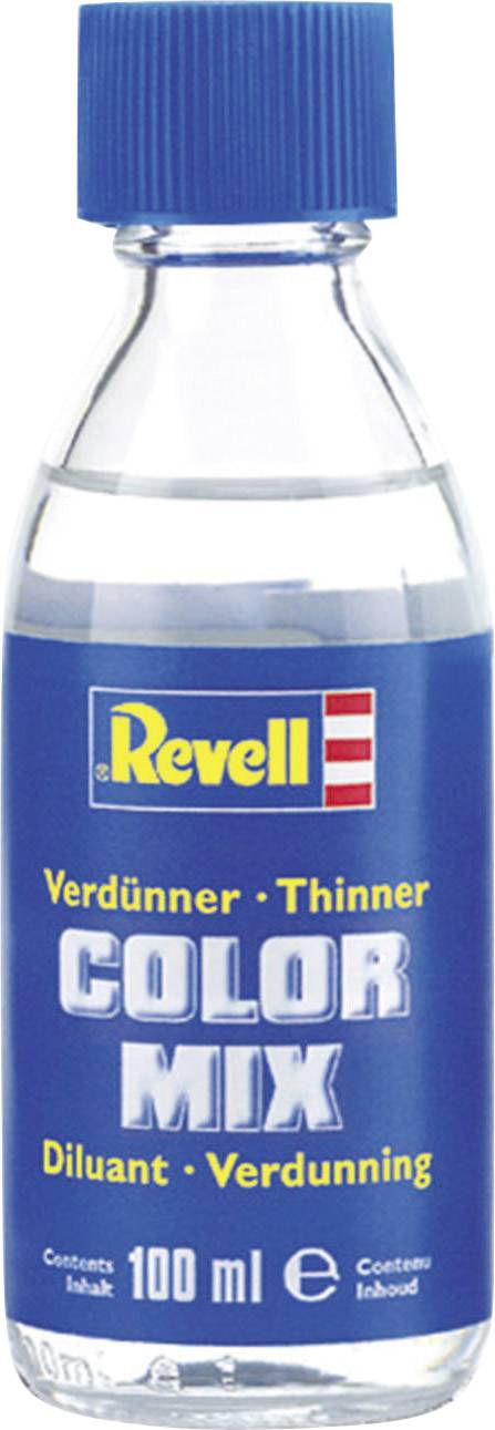 Diluente 'Revell Color Mix', flacone da 100 ml, etichetta blu, utilizzato per diluire colori per modellismo.