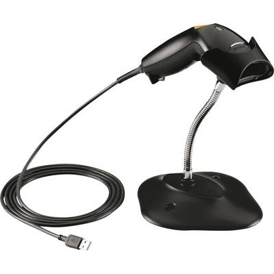 Uno scanner di codici a barre nero con supporto e lungo cavo USB, pronto per l'installazione e l'uso in un negozio.