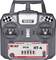 Un trasmettitore RC nero e grigio con due leve di comando e un display, modello 'REELY HT-4', con motivi a scacchi.