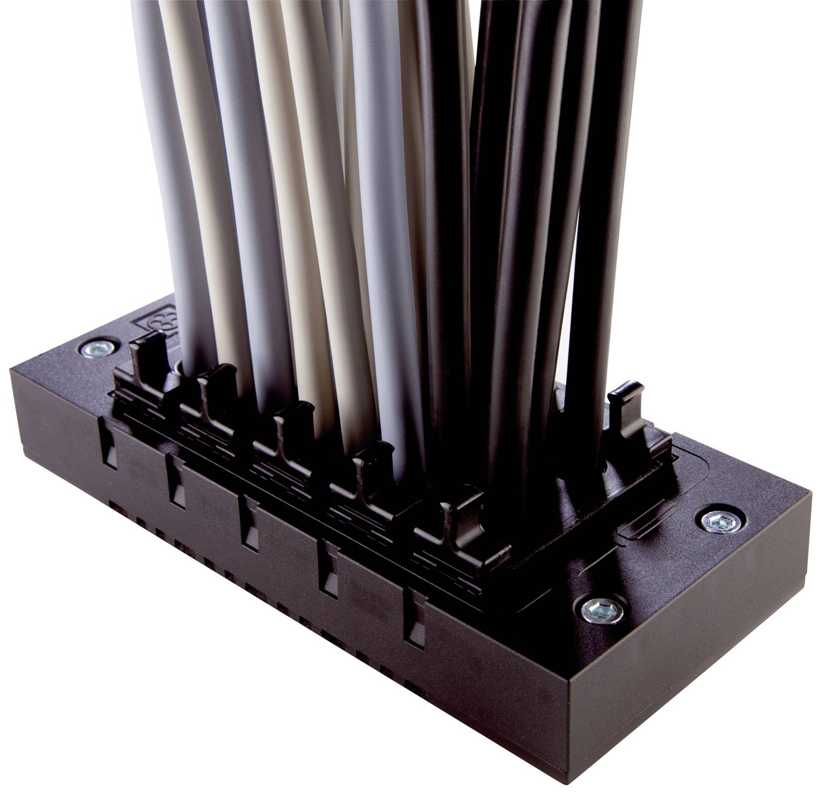 Diversi cavi bianchi e neri sono organizzati in un supporto nero fissato con viti.