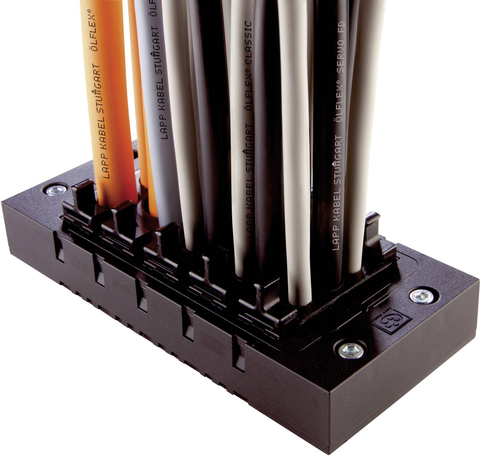 Diversi cavi di spessore differente sono fissati in un supporto rettangolare nero.