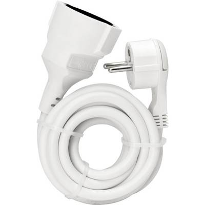 Un cavo di prolunga bianco, arrotolato. A sinistra un accoppiatore, a destra una spina. Adatto all'uso in ambienti interni.