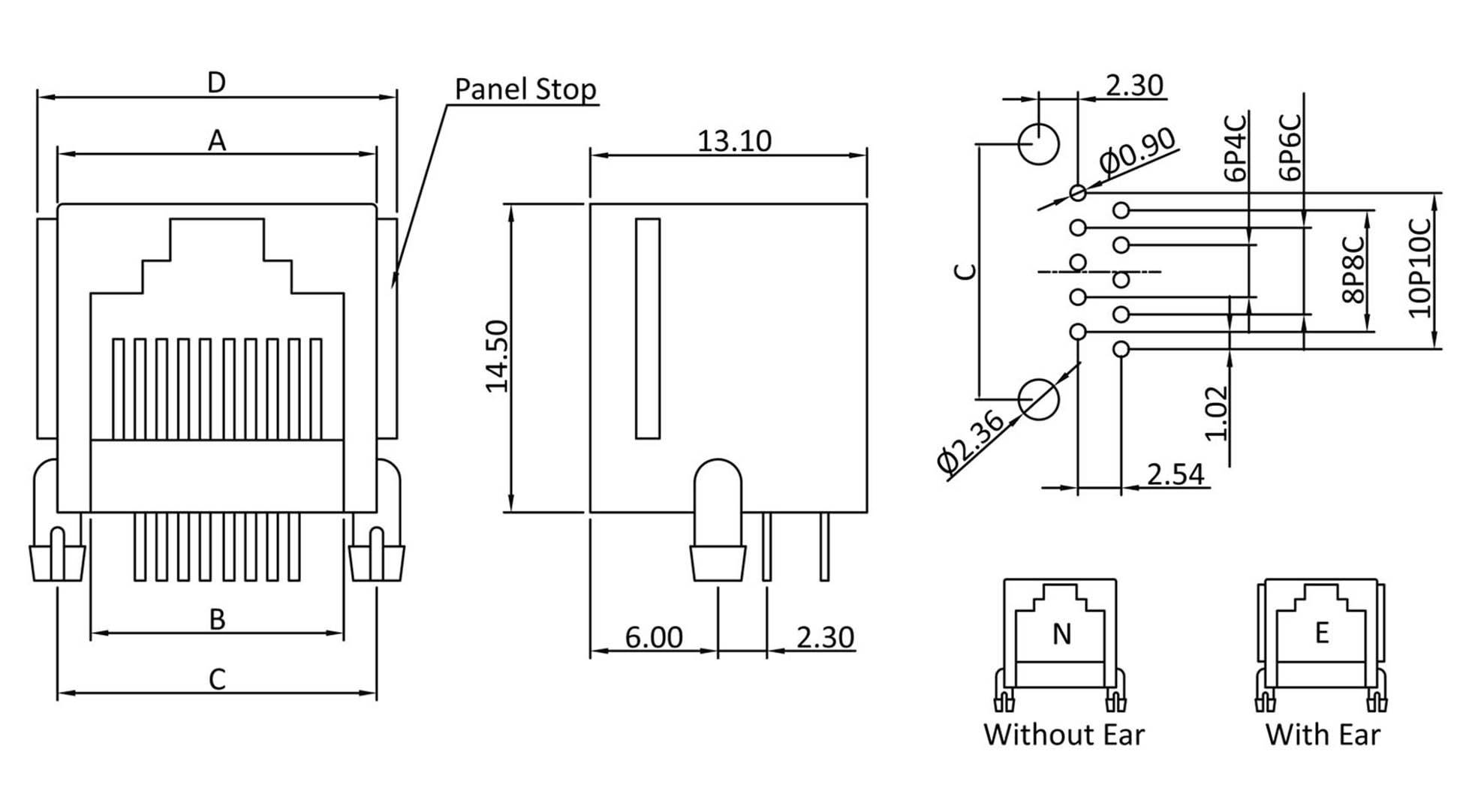 Disegno tecnico di un connettore RJ45 con dimensioni e dettagli sulla configurazione dei pin. Include vista con e senza opzioni di 'orecchio'.