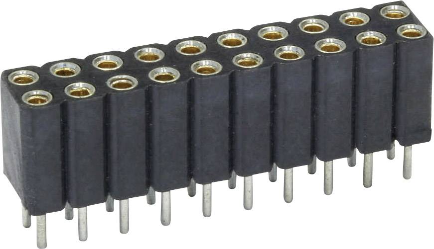 Un connettore nero a doppia fila con contatti metallici, idoneo per componenti elettronici e connessioni su schede a circuito stampato.