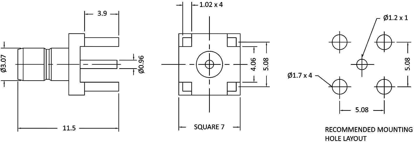 Disegno tecnico di un componente con dimensioni precise in millimetri. Rappresentazioni delle viste frontale, laterale e di montaggio.
