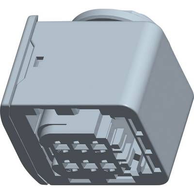 Un connettore rettangolare grigio chiaro con più punti di contatto per connessioni elettroniche.