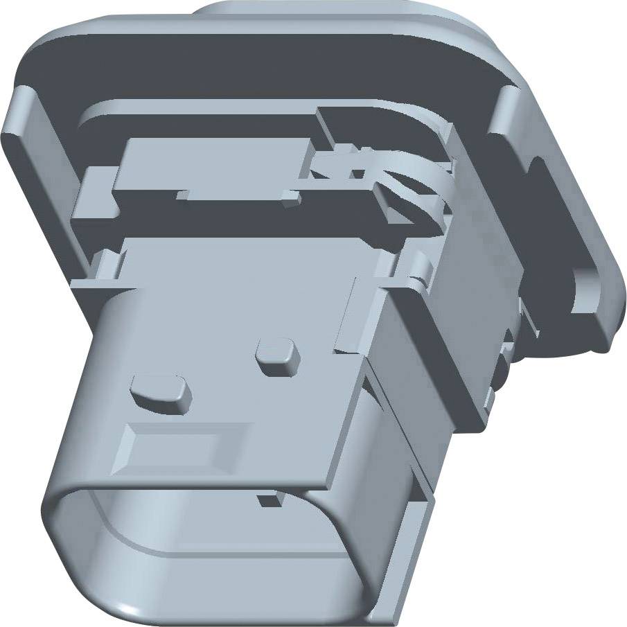 Un modello 3D astratto, grigio, di un connettore elettronico rettangolare che mostra dettagli tecnici e strutture.