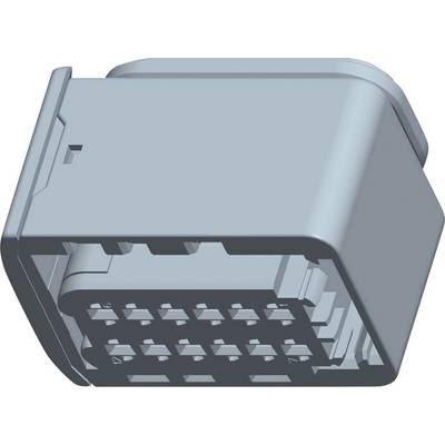 'Un modello 3D di un connettore rettangolare con più piedini di contatto, prevalentemente in grigio.'