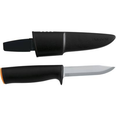 Un coltello nero con fodero nero e un accento arancione sul manico. Adatto per il trasporto e la conservazione in sicurezza.