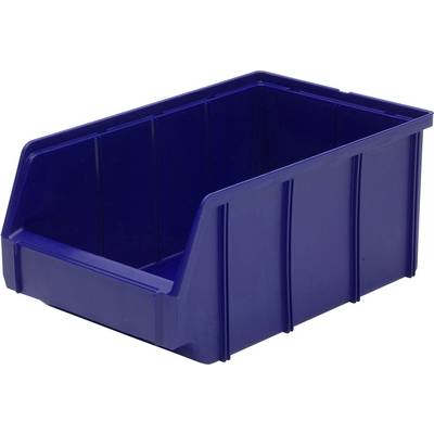 Una scatola di stoccaggio blu con un lato anteriore aperto, adatta a contenere oggetti.