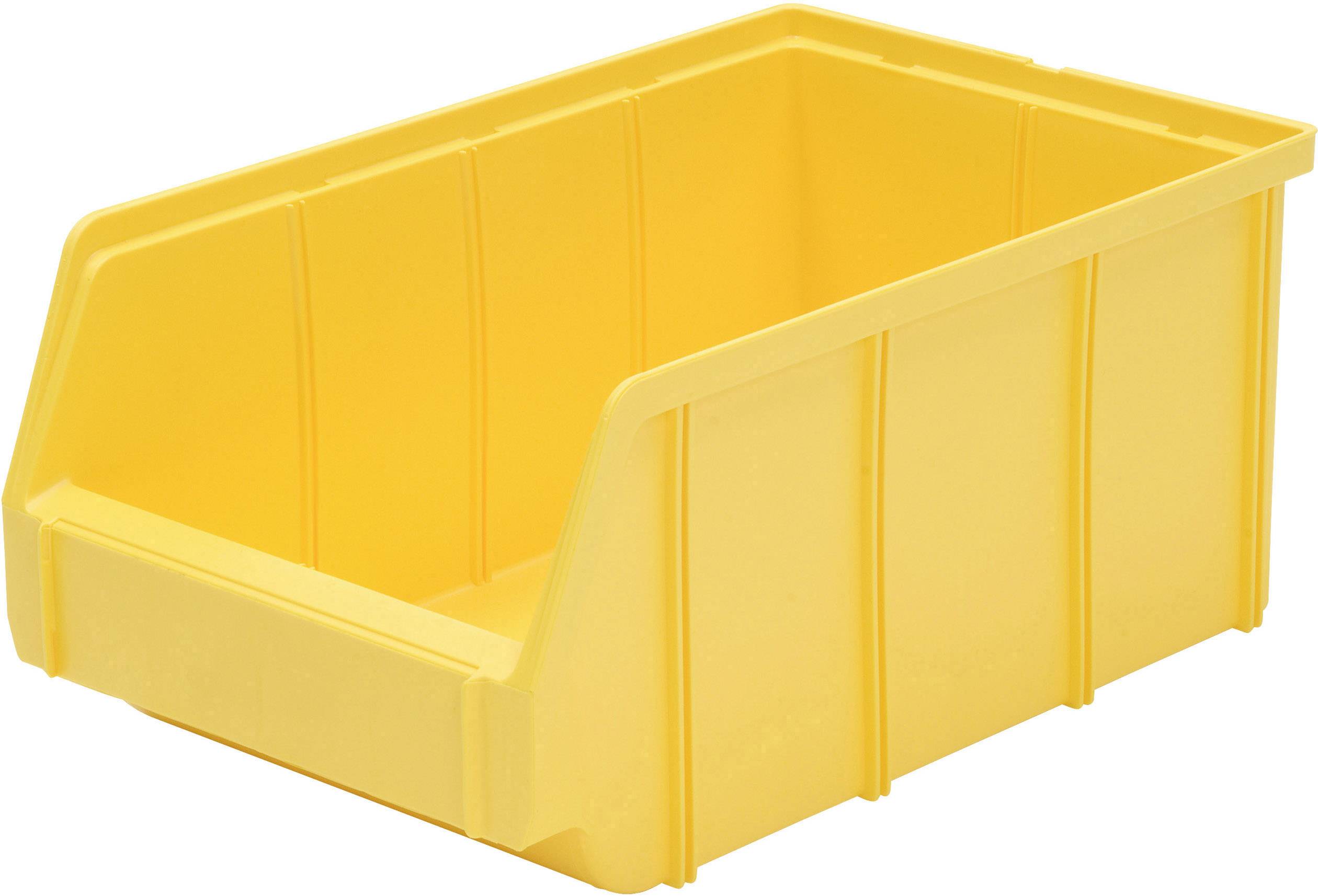 Scatola in plastica gialla con parte anteriore aperta, adatta per conservare piccoli oggetti. Ideale per officina o magazzino.