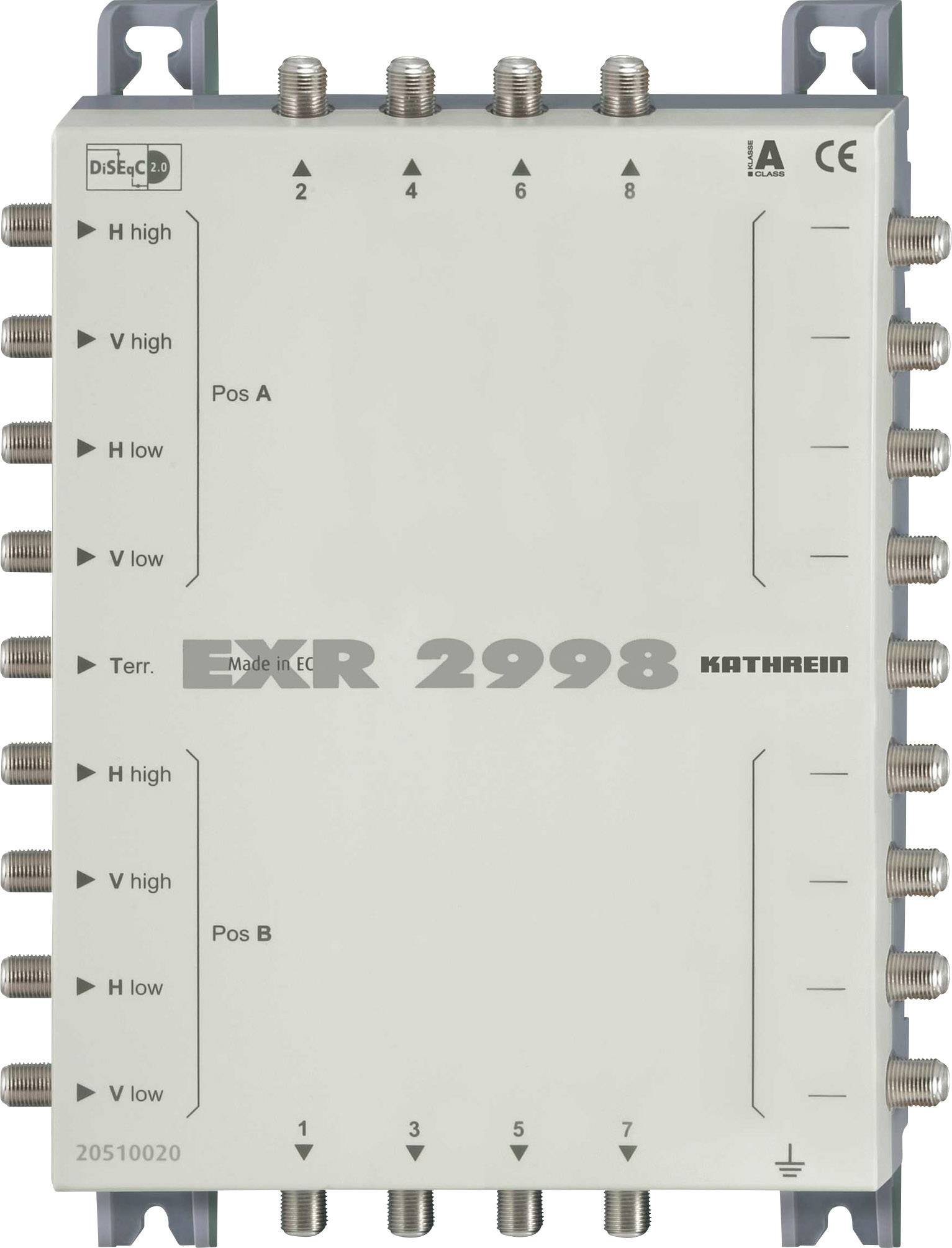 'Multiswitch per impianto satellitare, 17 ingressi, 8 uscite. Logo del marchio in alto a sinistra, modello 'EXR 2998' centrato.'