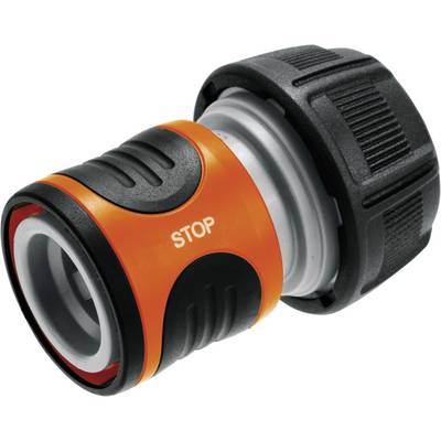 Un raccordo rapido per tubo da giardino con involucro arancione e nero, con la scritta 'STOP'. Utilizzato per collegare facilmente i tubi.