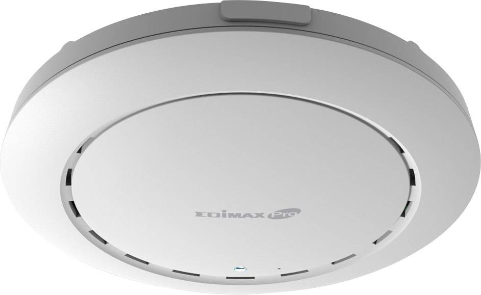 Punto di accesso WLAN con design circolare e luce LED centrale. Marchio 'Edimax Pro' visibile sul lato frontale. Ideale per montaggio a soffitto in uffici.