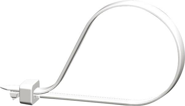 Un fascetta stringicavo bianca a forma di anello è raffigurata, pronta per essere fissata.