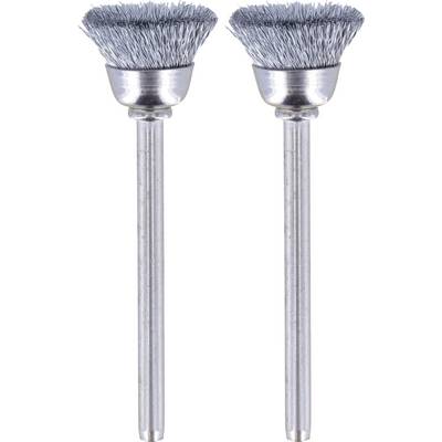 Due teste di spazzola identiche con setole metalliche e manico in metallo, adatte per lavori di pulizia o lucidatura.