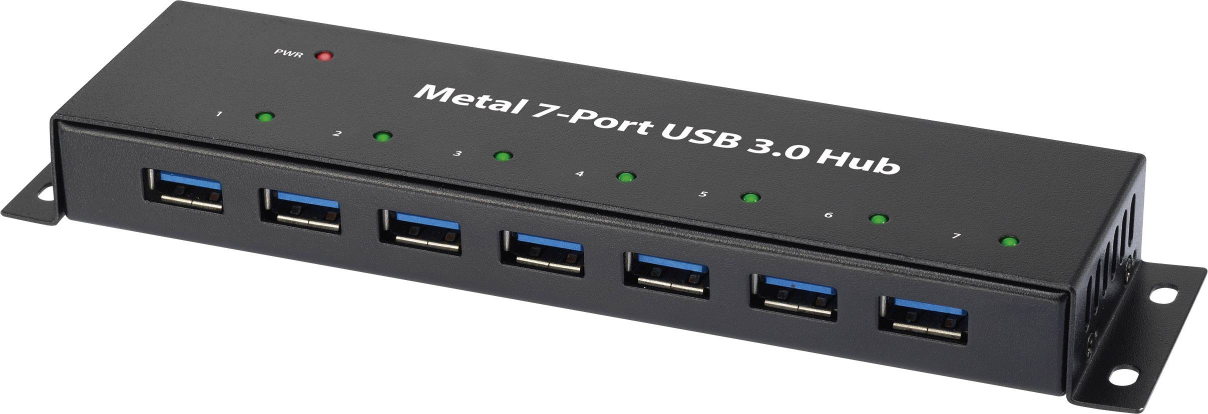 Hub USB 3.0 metallico a 7 porte con indicatori LED e porte numerate. Ideale per l'espansione della connettività USB.