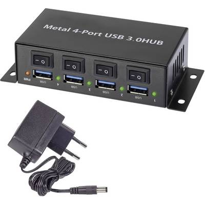Hub USB in metallo con 4 porte, USB 3.0, con interruttori a levetta sopra ogni porta. Accanto un alimentatore con spina EU.