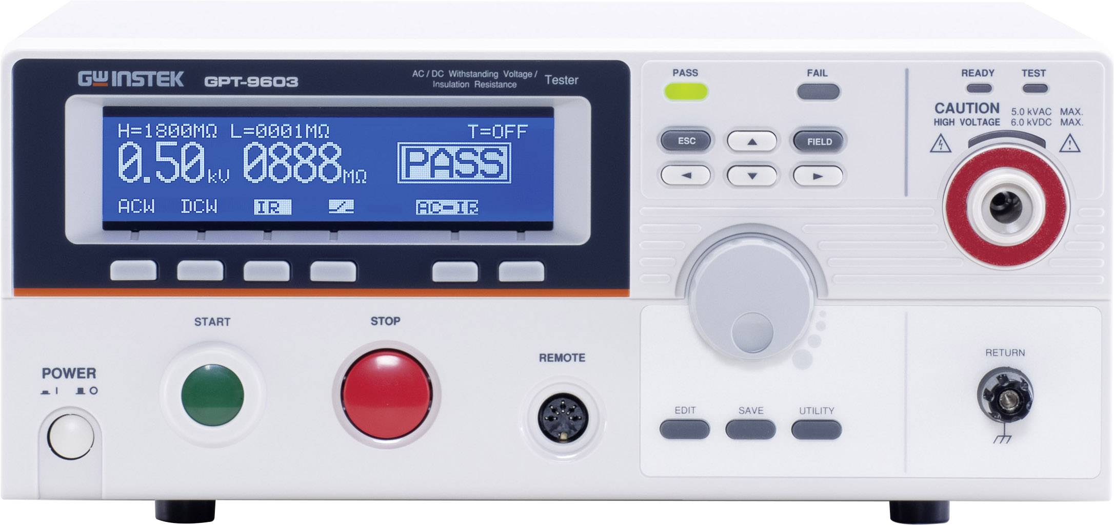 Un dispositivo di test elettrico con display digitale mostra 'PASS'. Sono visibili pulsanti per l'avvio, l'arresto e le impostazioni.