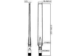 Disegno tecnico di un'antenna con vista frontale e laterale, dimensioni: altezza 23,1 cm, larghezza 1,8 cm.