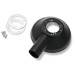 Copertura in plastica nera con foro rotondo e connessione laterale, accanto una copertura trasparente e tre viti.