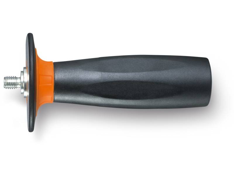 Un manico nero con attacco arancione e filettatura metallica, probabilmente un pezzo di ricambio o un accessorio per un utensile.